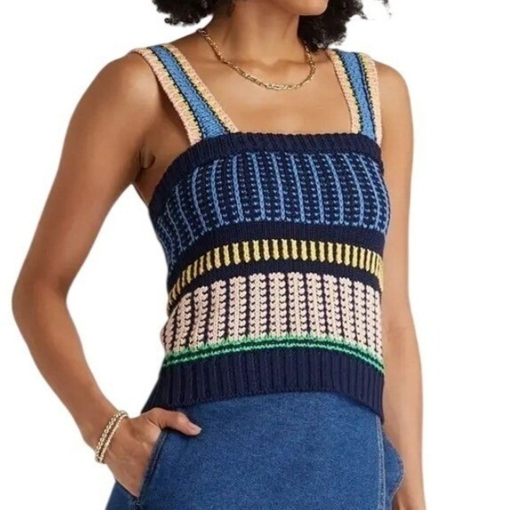 Veronica Beard Voya Jacquard-Knit Tank Top Size Sm Navy Blue Pink Striped